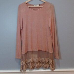 Origami by Vivien Lace Hem Tunic Top - Women’s‎ Small Brown Long Sleeve